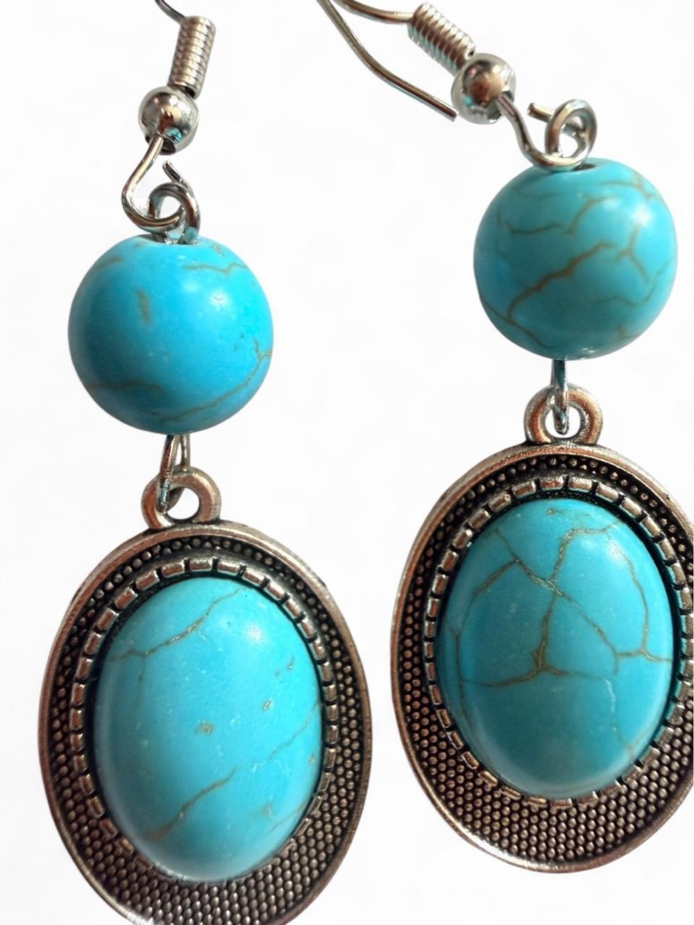 Handmade Southwestern Oval Turquoise Cabochon Dangle Earrings Western Boho - Picture 3 of 4